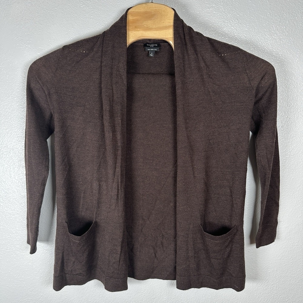 Talbots Womens Petite Pure Merino Wool Cardigan Lightweight Brown Open Front